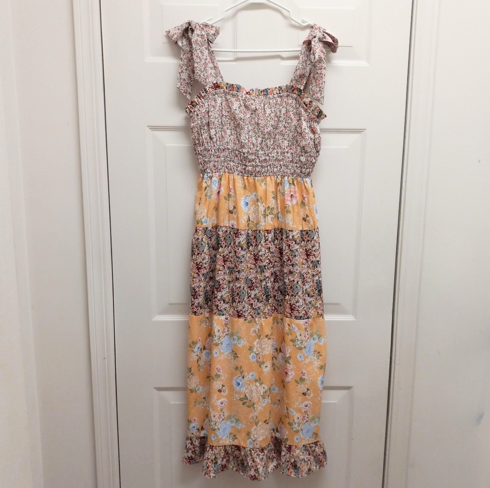 Adelyn Rae Patchwork Tiered Midi Dress Cottagecore Floral Smocked Boho Small